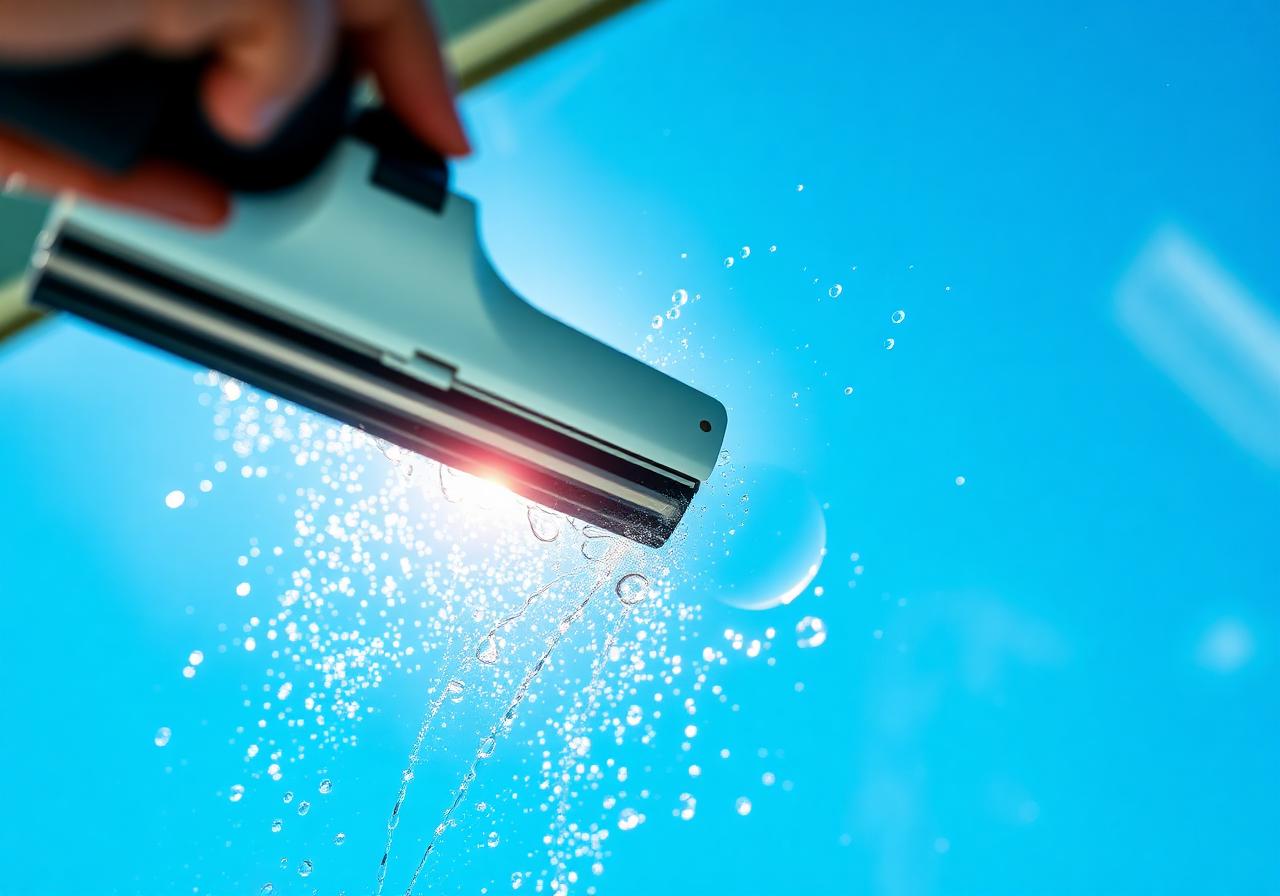 Squeegee gliding across a clean glass pane with water droplets in bright sunlight