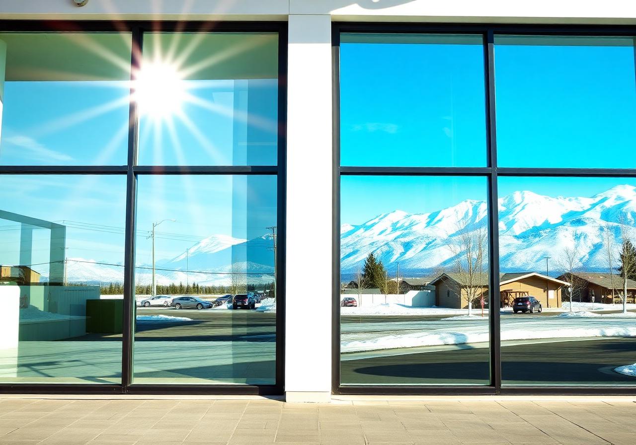 Sunlit commercial storefront with spotless windows reflecting the Chugach mountains